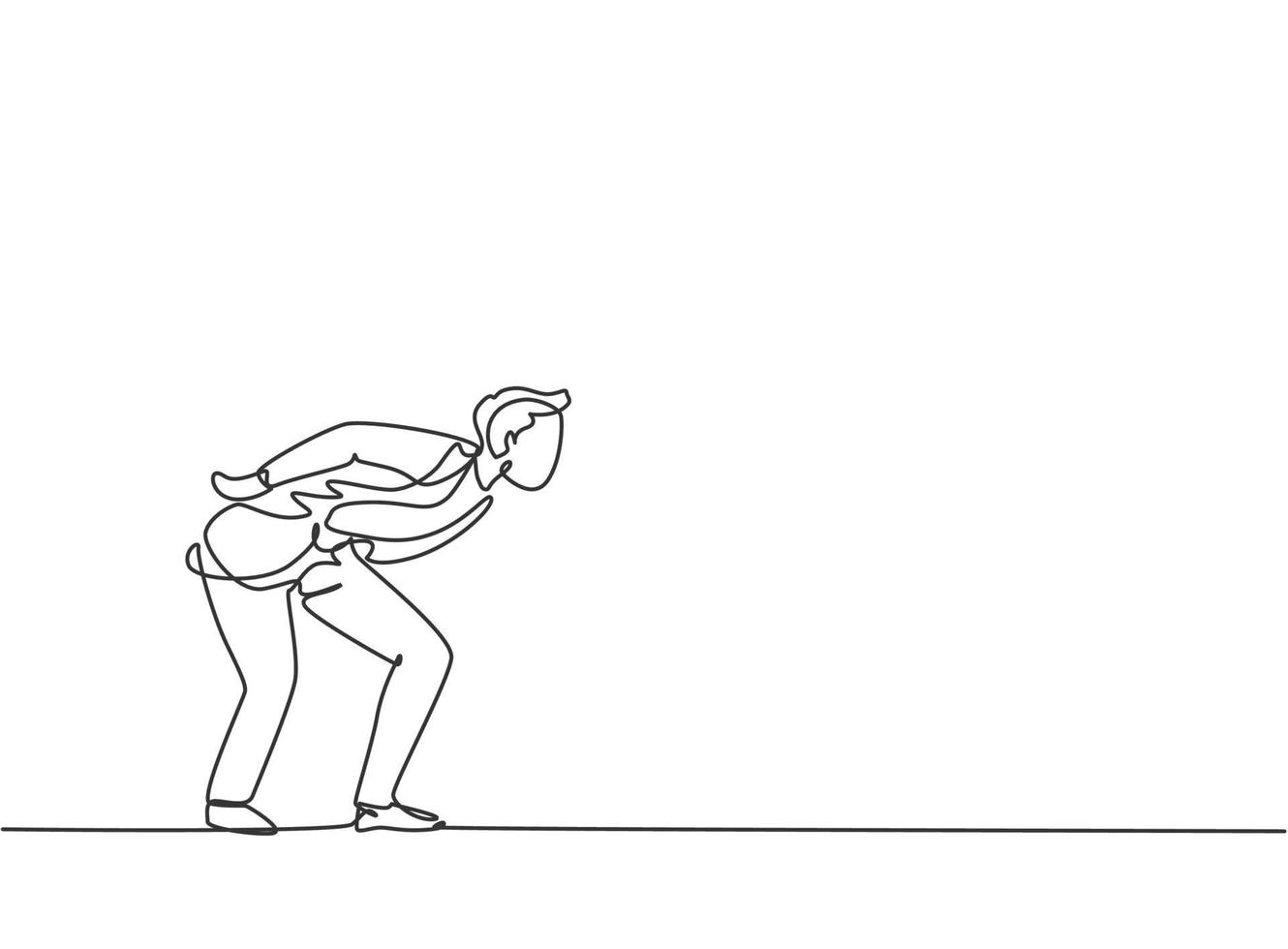 Single one line drawing of young business man bent over because work overload. Business time discipline metaphor concept. Modern continuous line draw design graphic vector illustration