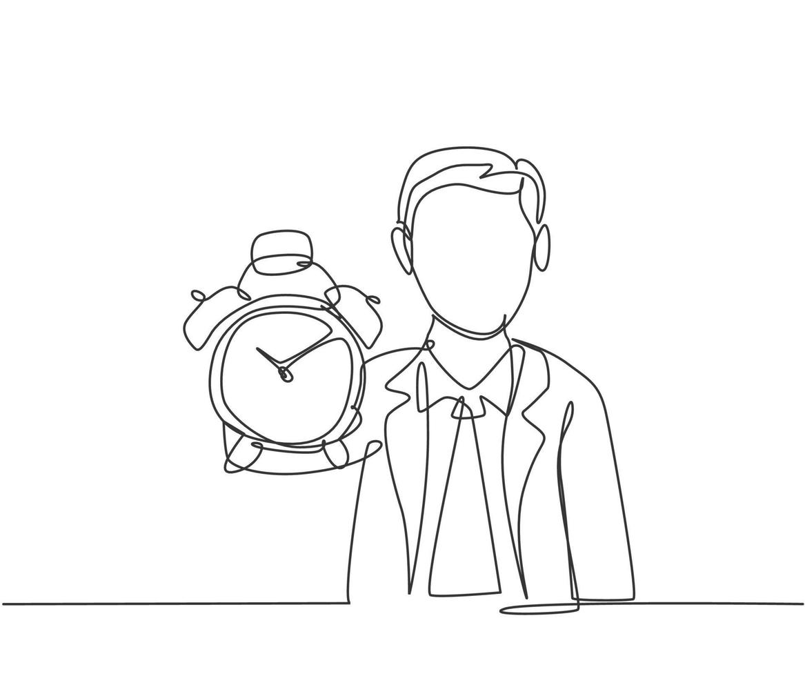 Continuous one line drawing young male worker holding analog alarm clock with his hand. Time management business minimalist concept. Single line draw design vector graphic illustration