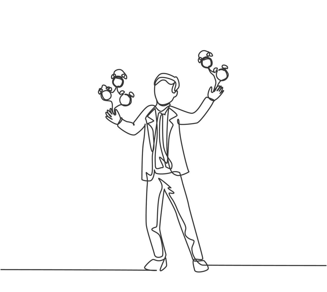 Single one line drawing of young business man juggling alarm analog clock with his hand. Business time discipline metaphor concept. Modern continuous line draw design graphic vector illustration