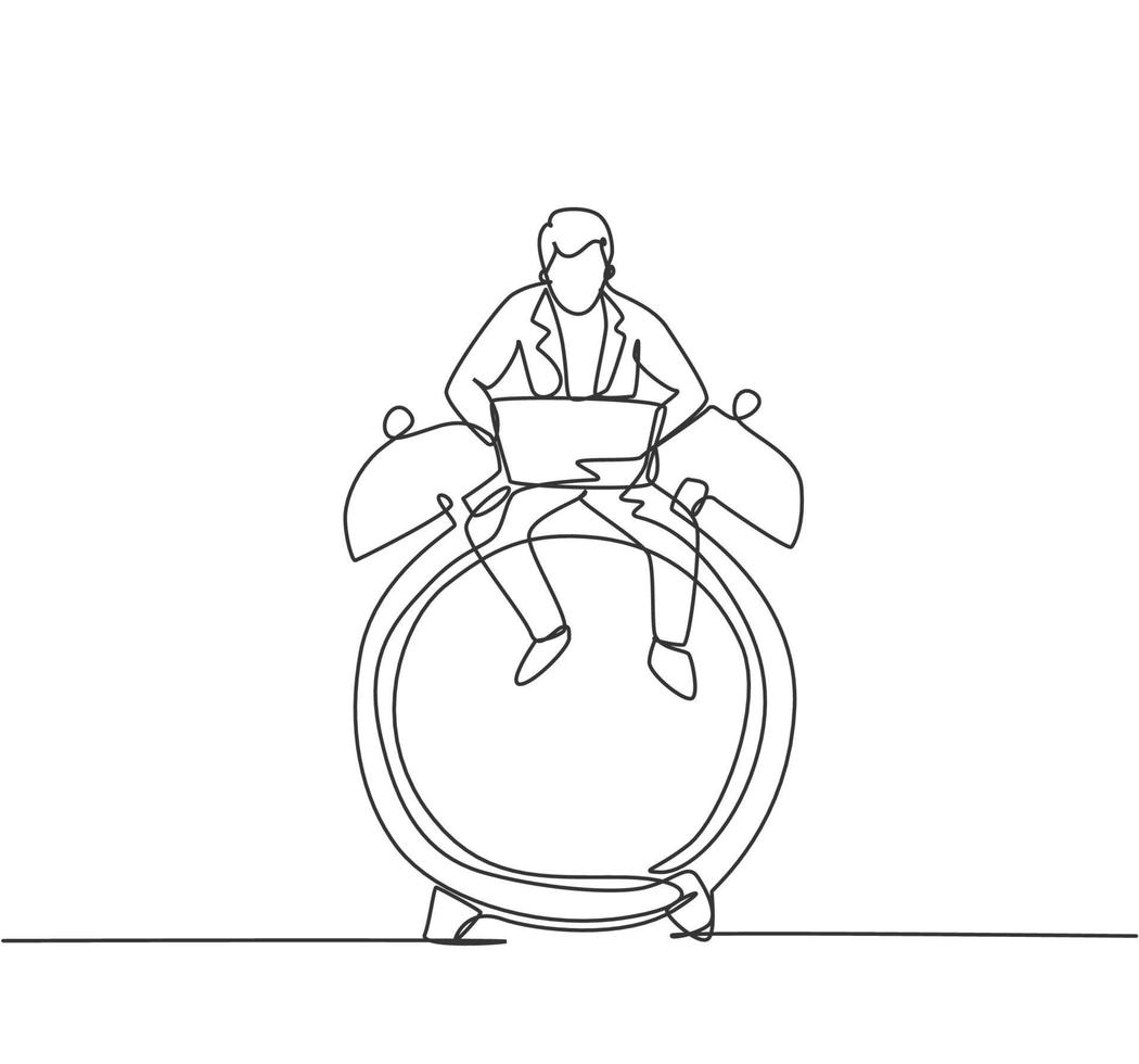 Single one line drawing of young business man sitting on big analog alarm clock and typing on laptop. Business time discipline metaphor concept. Continuous line draw design graphic vector illustration