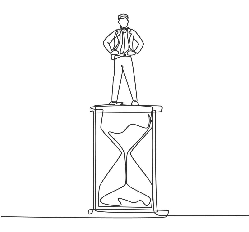 Continuous one line drawing young male worker standing above hourglass. Sandglass to show time management business minimalist concept. Single line draw design vector graphic illustration