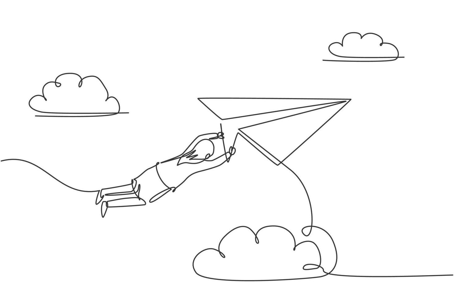 Continuous one line drawing of young female worker hanging on flying paper plane. Success business manager. Metaphor minimalist concept. Trendy single line draw design vector graphic illustration