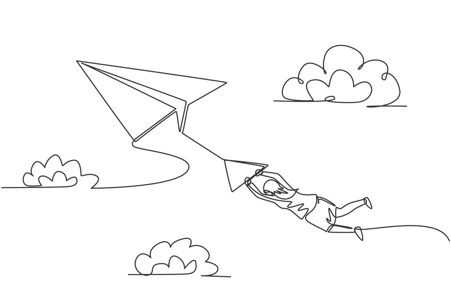 dibujo de una sola línea de joven empresaria colgando de un avión de papel volador. obstáculo y desafío empresarial. concepto mínimo de metáfora. Ilustración de vector gráfico de diseño de dibujo de línea continua moderna