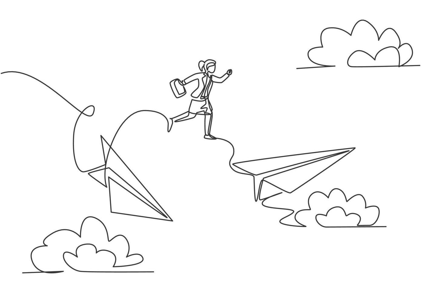 Continuous one line drawing of young female worker jumping from crash paper plane to the healthy one. Success manager. Metaphor minimalist concept. Single line draw design vector graphic illustration