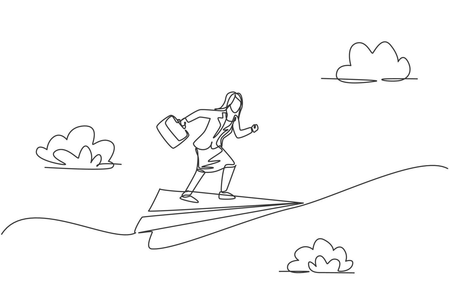 Single one line drawing young businesswoman flying on paper airplane ready to chase business target. Business vision. Metaphor minimal concept. Continuous line draw design graphic vector illustration