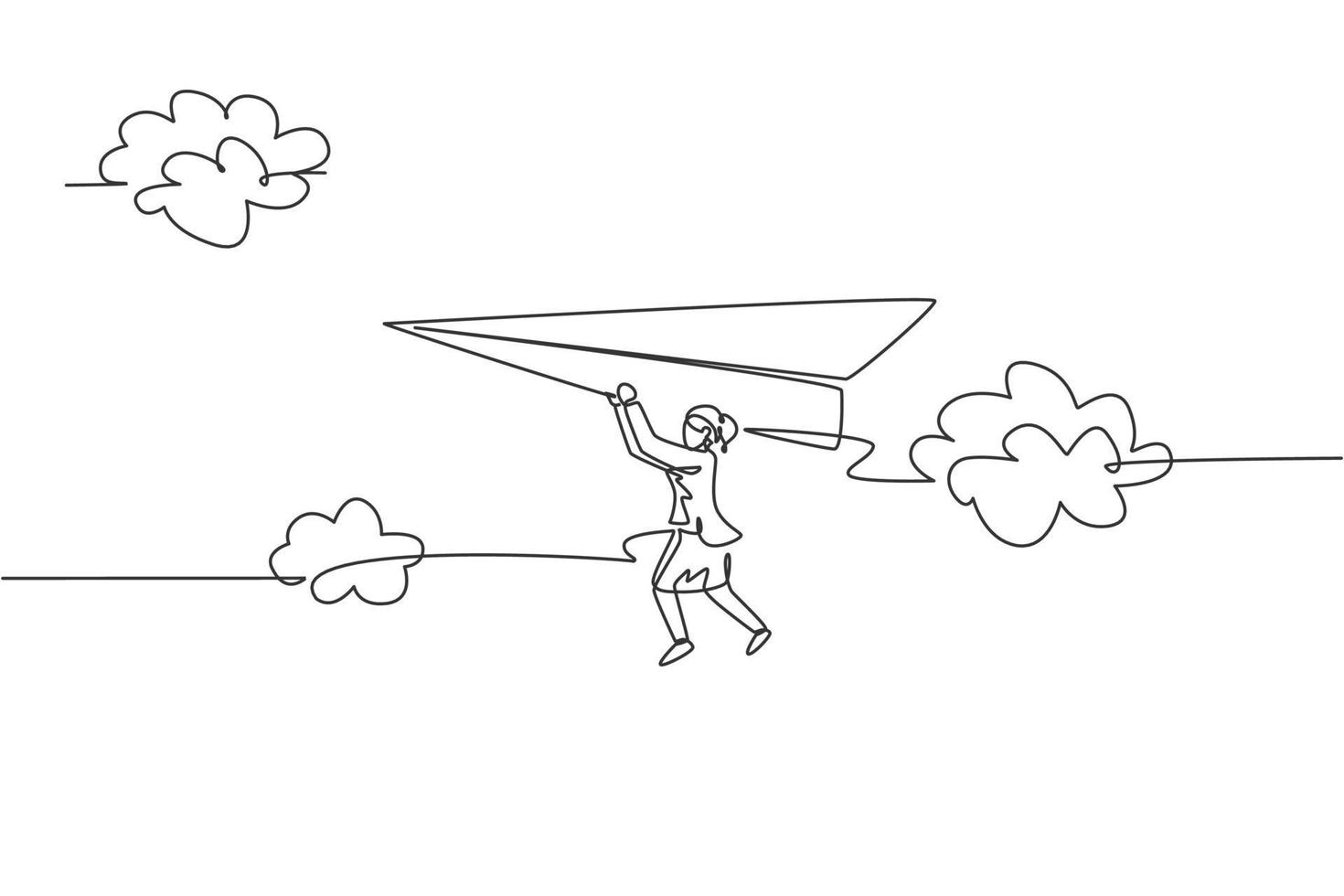 Single one line drawing young businesswoman hanging on flying paper plane at the sky. Business goal challenge. Metaphor minimal concept. Modern continuous line draw design graphic vector illustration
