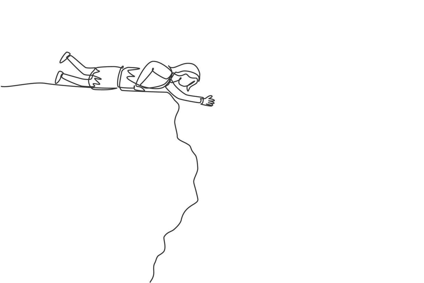Single continuous line drawing of young business woman lay down at cliff edge to reach partner. Professional entrepreneur. Minimalism metaphor concept. One line draw graphic design vector illustration