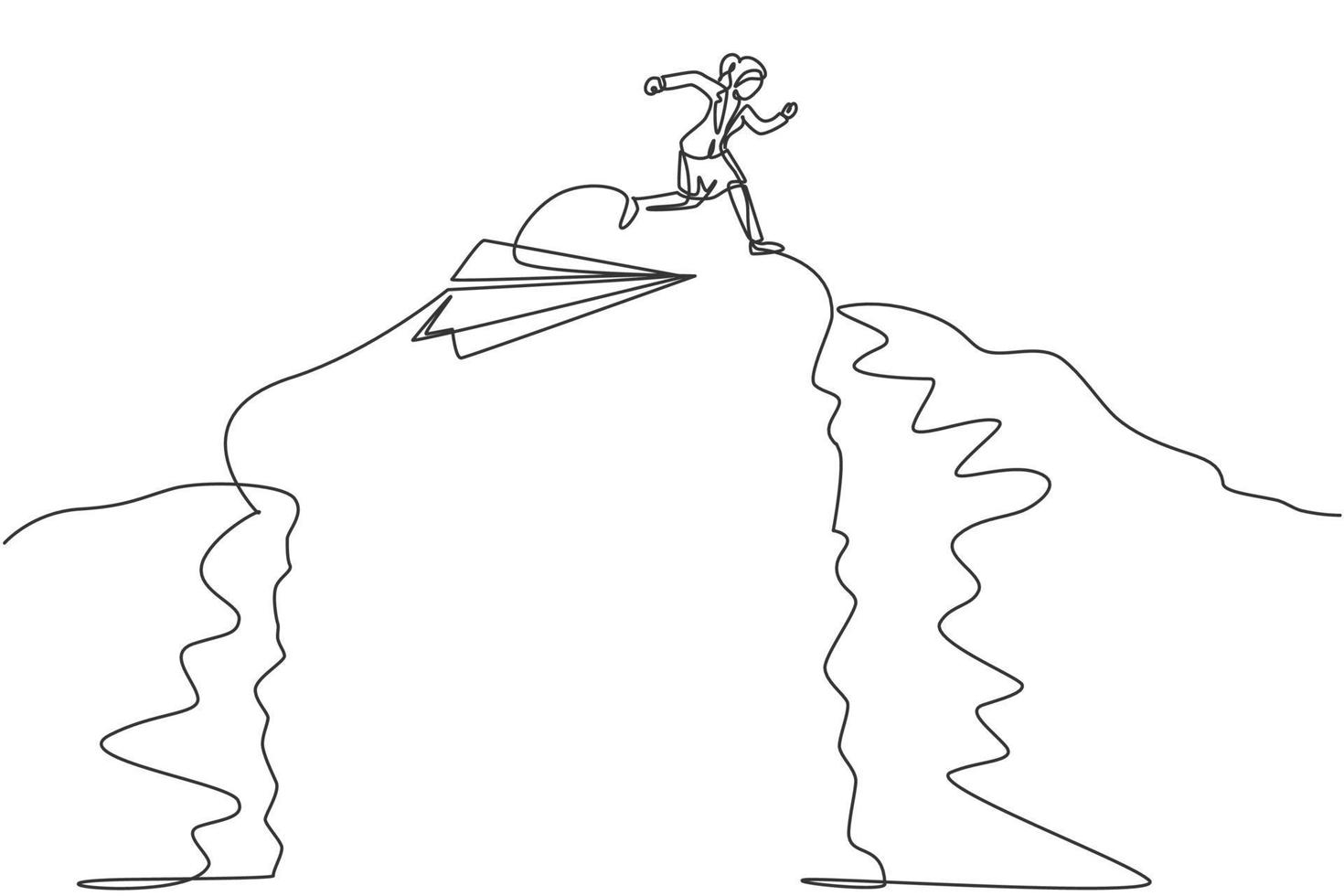 Continuous one line drawing young female worker jumping from paper plane across the mountain. Success business manager. Metaphor minimalist concept. Single line draw design vector graphic illustration