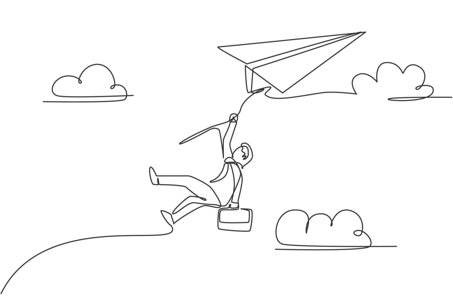 Continuous one line drawing of young male worker hanging tight on flying paper aircraft. Business challenge, metaphor concept. Minimalist trendy single line draw design vector graphic illustration