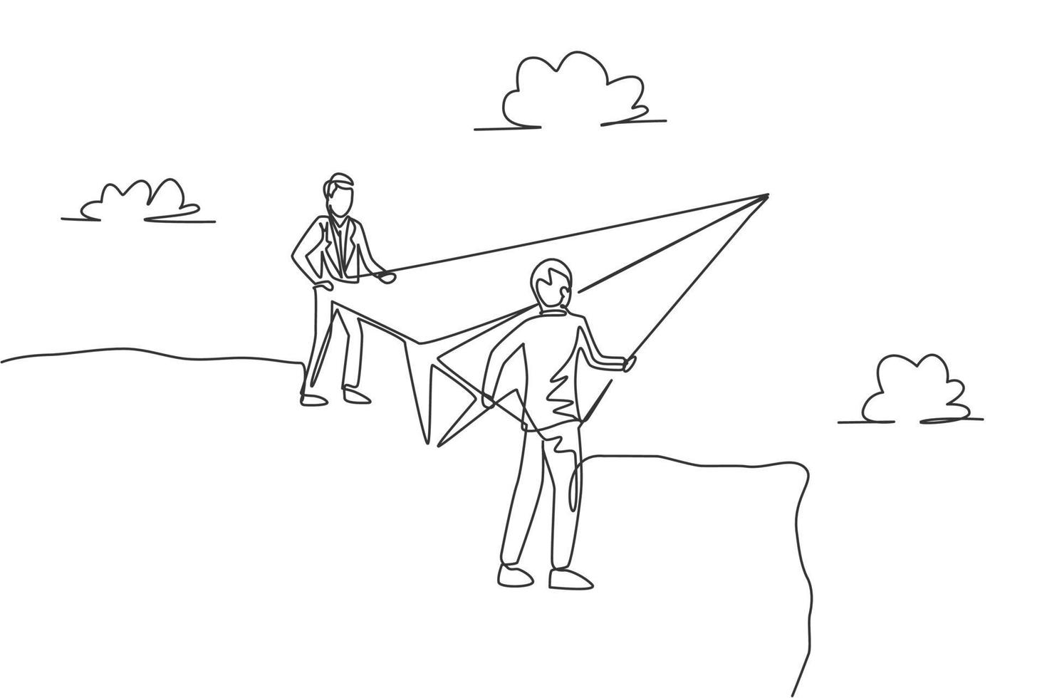 Single one line drawing young businessmen standing on top mountain and holding paper airplane to fly. Business metaphor concept. Modern continuous line draw. Minimal design graphic vector illustration