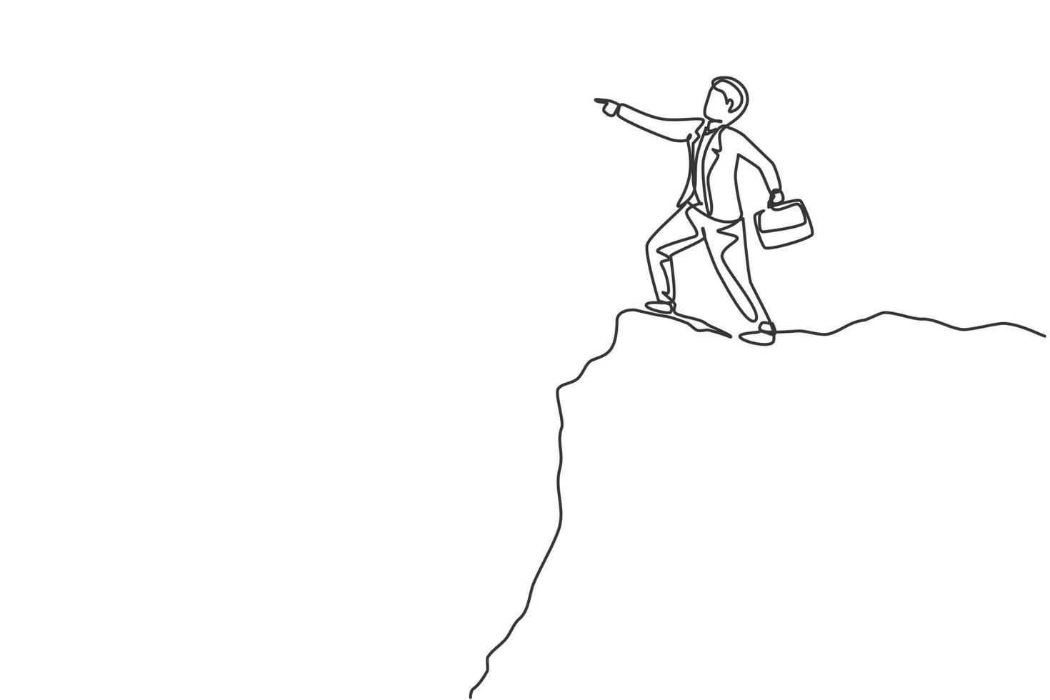 Single one line drawing young smart business man standing at cliff edge pointing finger to the sky. Business metaphor concept. Modern continuous line draw. Minimal design graphic vector illustration
