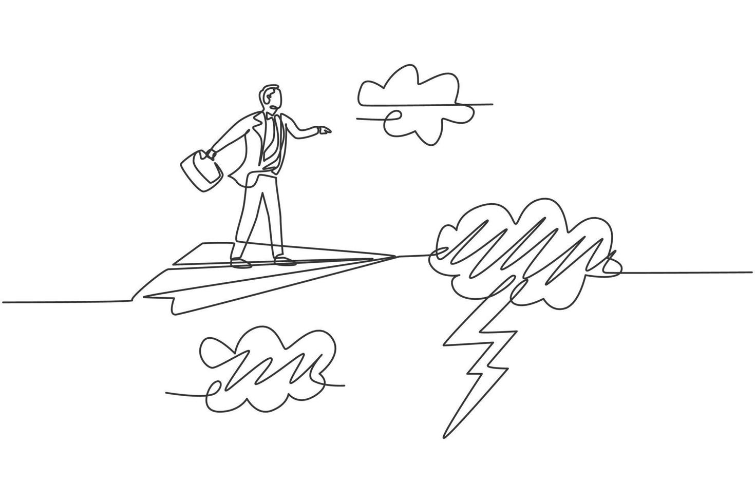 Continuous one line drawing young male worker flying with paper airplane through heavy thunderstorm. Business obstacle metaphor. Minimalist concept. Single line draw design vector graphic illustration