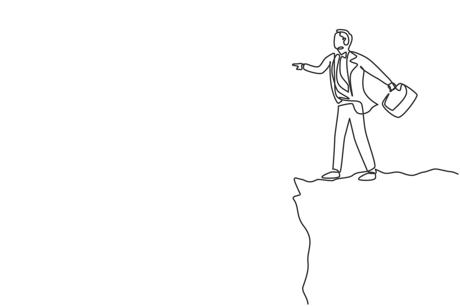 Single one line drawing of young smart business man standing on the edge of the cliff. Business challenge and freedom concept. Modern continuous line draw. Minimal design graphic vector illustration