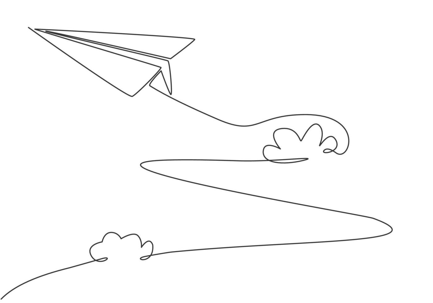 Single continuous line drawing of paper plane flying high through the clouds on white background. Paper origami kids toy. Minimalism concept dynamic one line draw graphic design vector illustration
