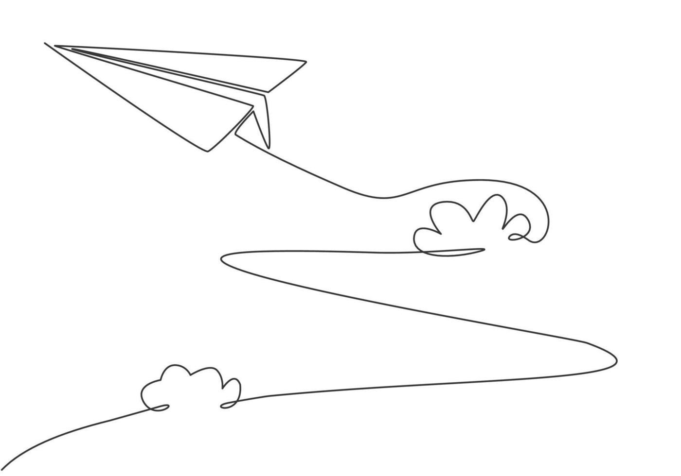 Single continuous line drawing of paper plane flying high through the clouds on white background. Paper origami kids toy. Minimalism concept dynamic one line draw graphic design vector illustration