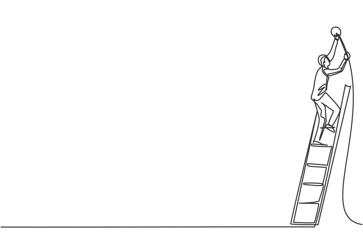 Un solo dibujo de una línea de un joven manitas inteligente arregla la lámpara de carretera con una escalera. concepto mínimo de crecimiento del mercado financiero empresarial. Ilustración de vector gráfico de diseño de dibujo de línea continua moderna