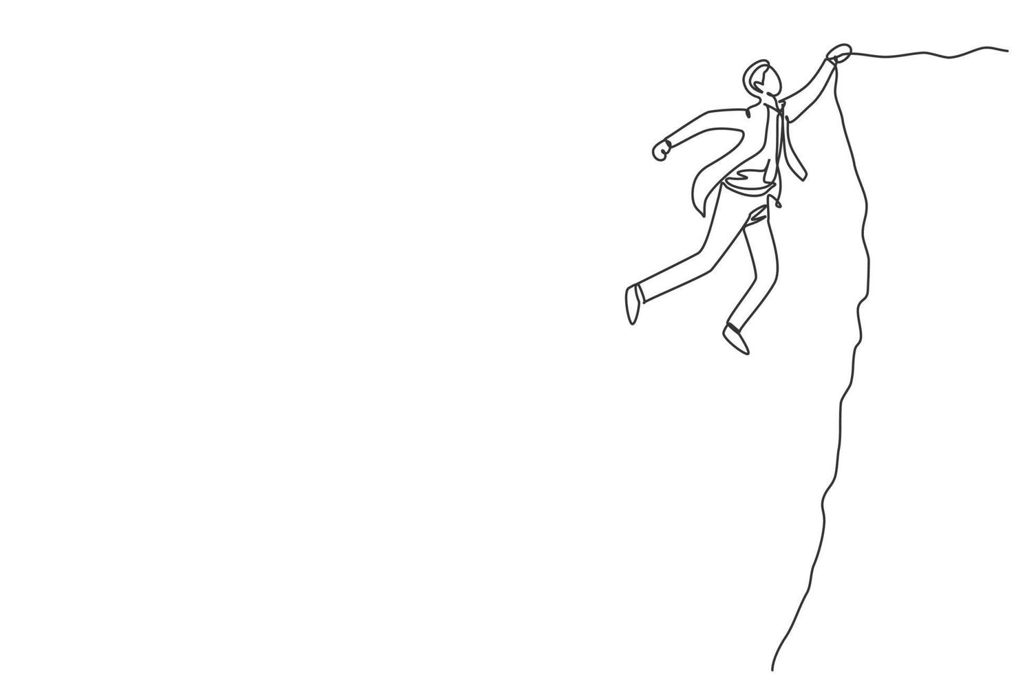 Continuous one line drawing of young struggling male worker holding on the edge of the cliff. Fighter business manager minimalist concept. Trendy single line draw design vector graphic illustration