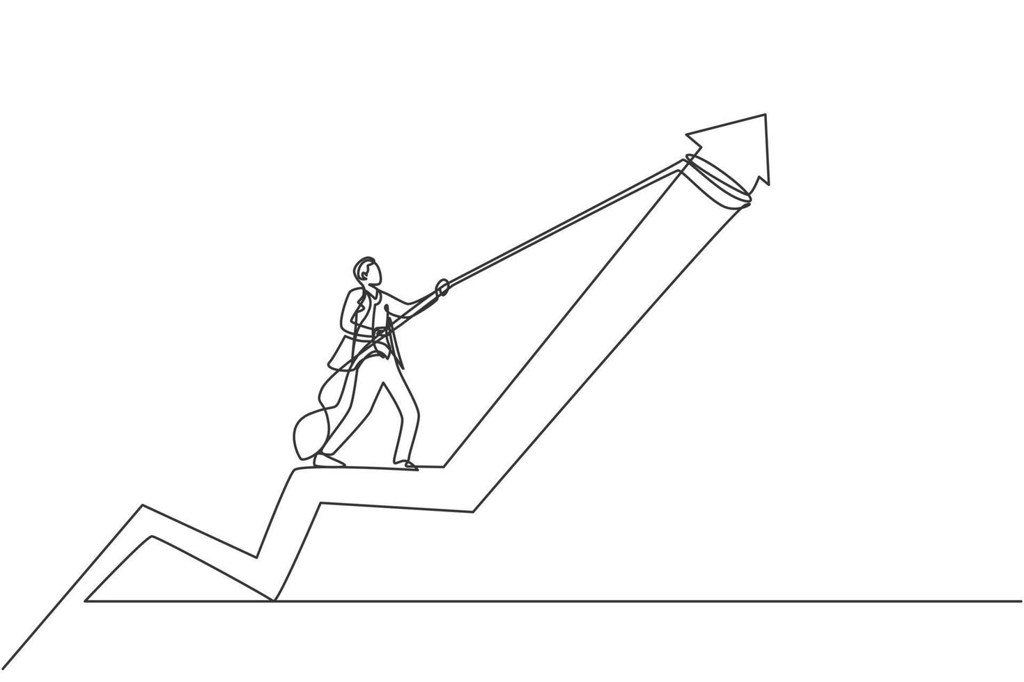 Single continuous line drawing of young business man pulling arrow graph to rise up. Attractive professional businessman. Minimalism concept dynamic one line draw graphic design vector illustration