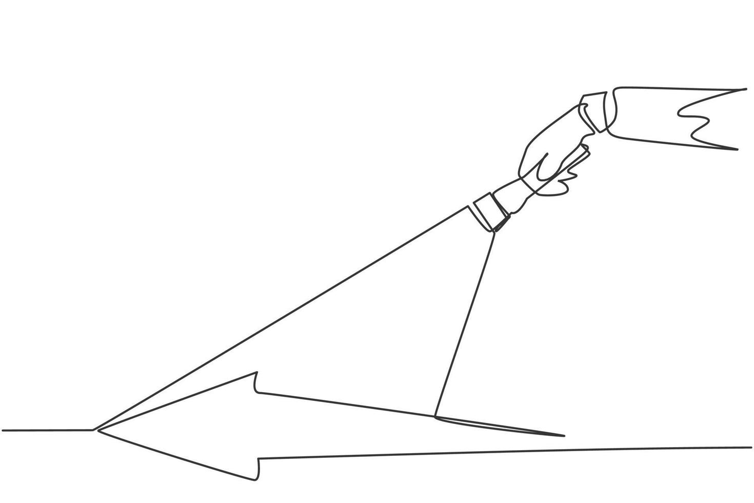 Single one line drawing of young smart male employee light the arrow path way using flashlight. Business way of success minimal concept. Modern continuous line draw design graphic vector illustration