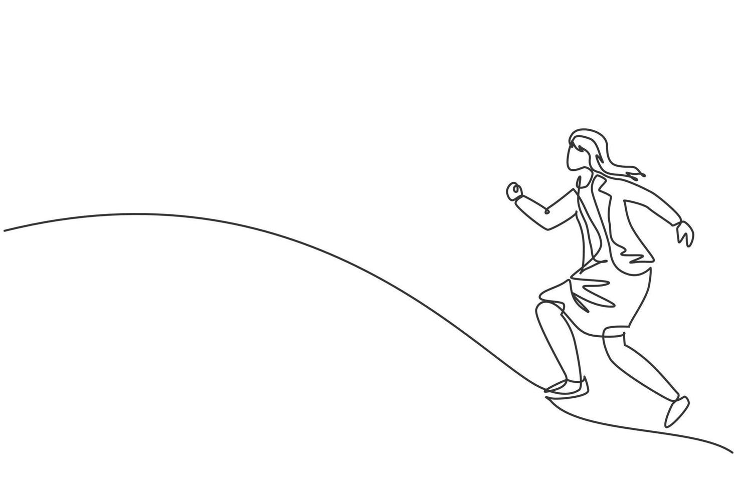 Continuous one line drawing of young female worker running fast to chase business target. Success business manager minimalist concept. Trendy single line draw design vector graphic illustration