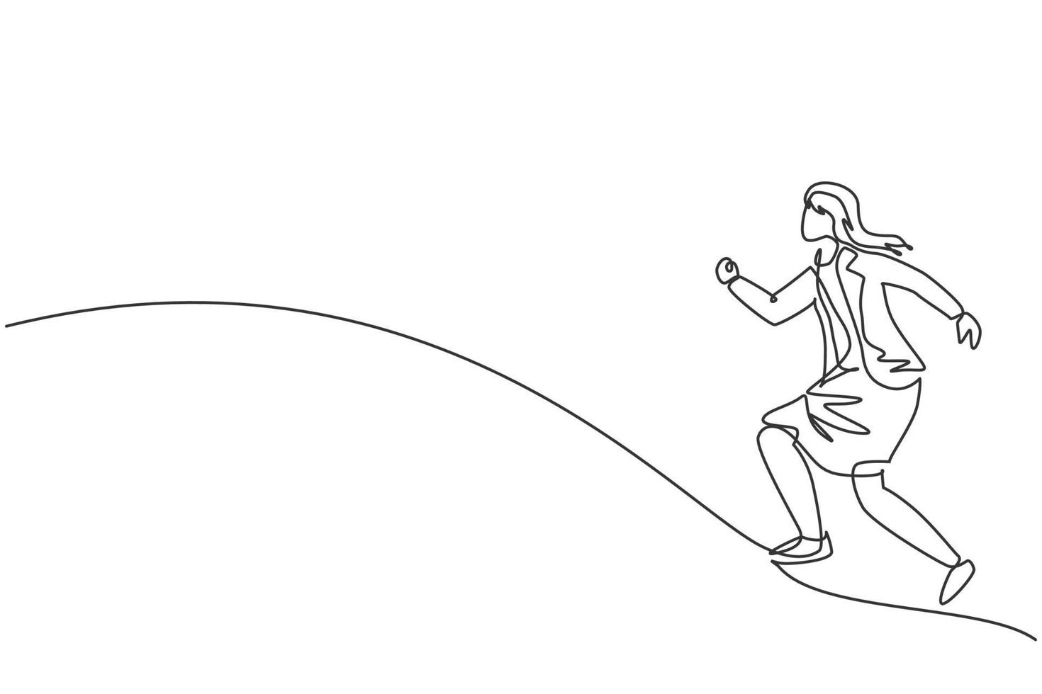 Continuous one line drawing of young female worker running fast to chase business target. Success business manager minimalist concept. Trendy single line draw design vector graphic illustration