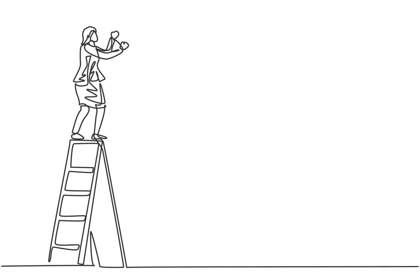 Single continuous line drawing of young female manager climb ladder to fix lamp at the office. Professional businesswoman. Minimalism concept dynamic one line draw graphic design vector illustration