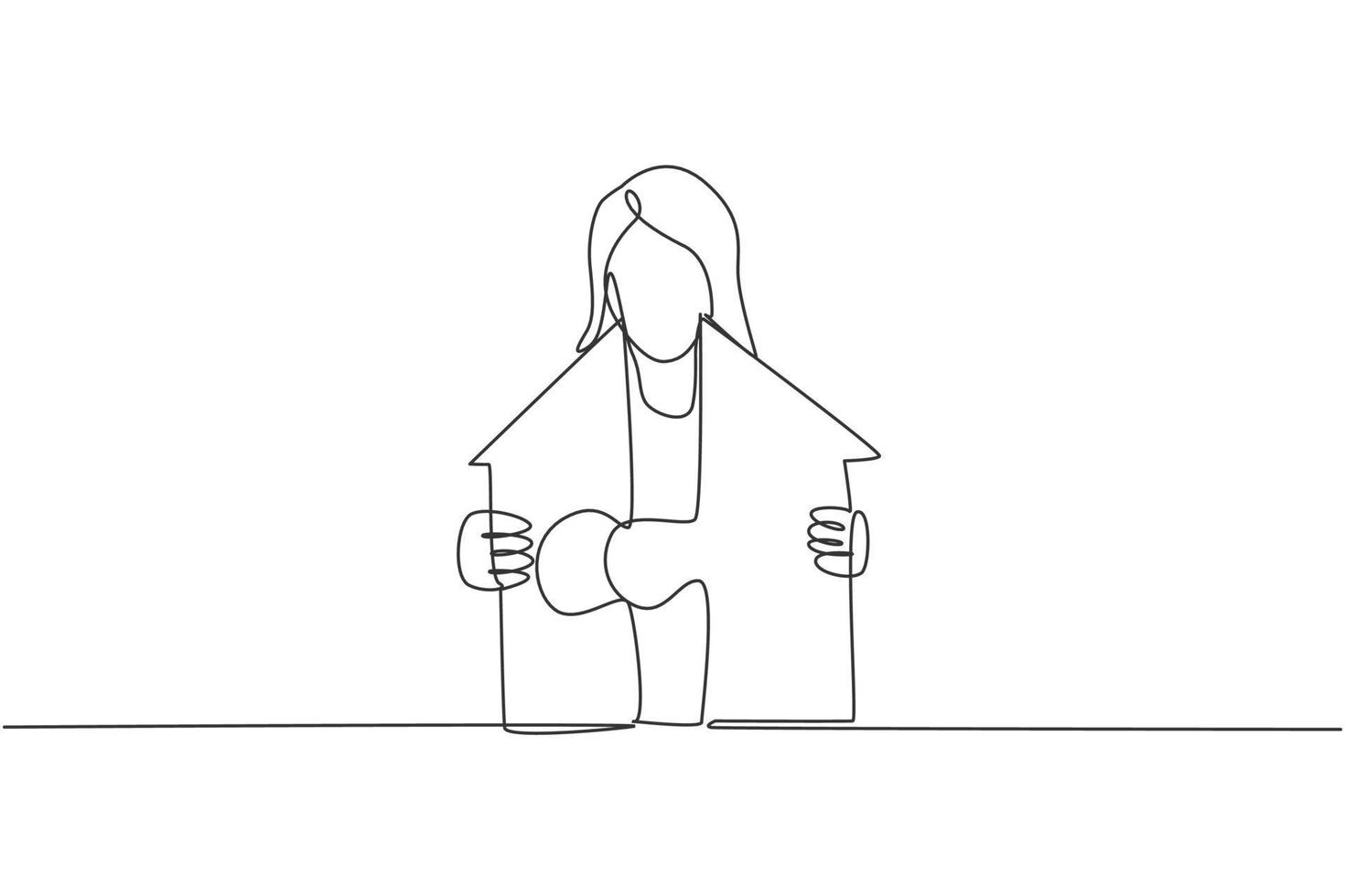 Continuous one line drawing of young female worker build puzzle arrow into arrow house building. Success business manager minimalist concept. Trendy single line draw design vector graphic illustration