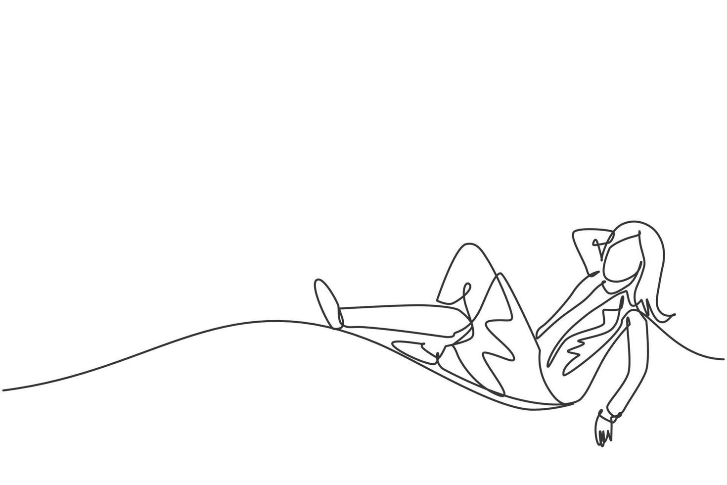 Continuous one line drawing young female investor sleeping relax at office to enjoy the life. Success business investment minimalist concept. Trendy single line draw design vector graphic illustration