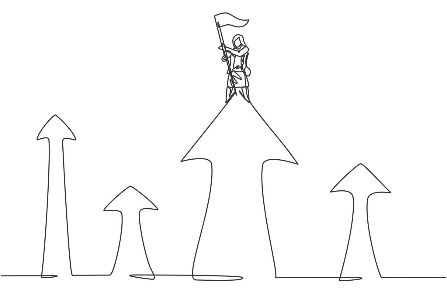 Single continuous line drawing young female manager planted flag an top of arrow up symbol. Success businesswoman metaphor. Minimalism concept dynamic one line draw graphic design vector illustration