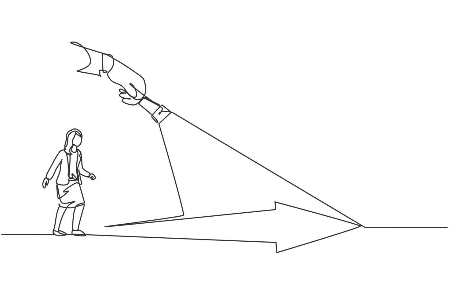 Continuous one line drawing of young female worker walking confidence under arrow light. Success business manager goal minimalist concept. Trendy single line draw design vector graphic illustration