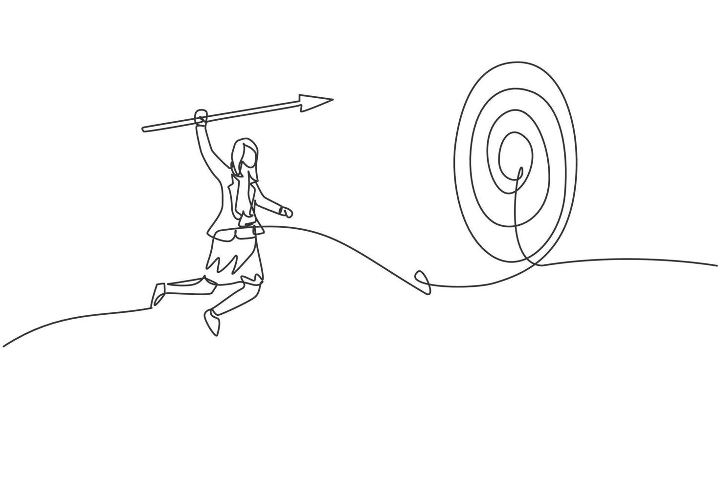 Single one line drawing young smart business woman jumping high to hit target using arrow spear. Business sales growth minimal concept. Modern continuous line draw design graphic vector illustration