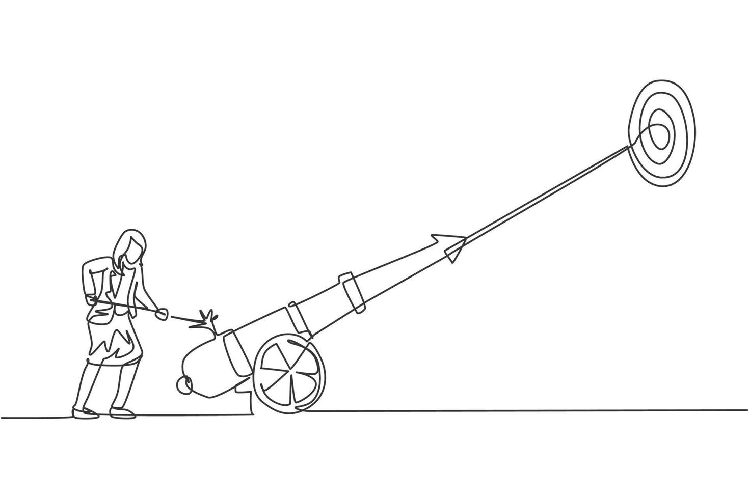 Continuous one line drawing young female worker focus fire on cannonball weapon to hit business target. Success business manager minimalist concept. Single line draw design vector graphic illustration