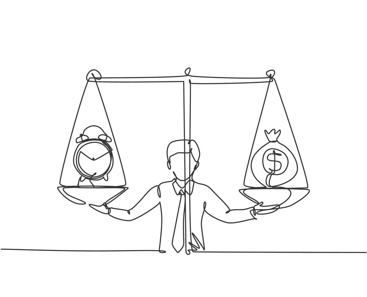 Single continuous line drawing young business man weight money bag and analog clock with scale. Minimalism metaphor business deadline concept. Dynamic one line draw graphic design vector illustration