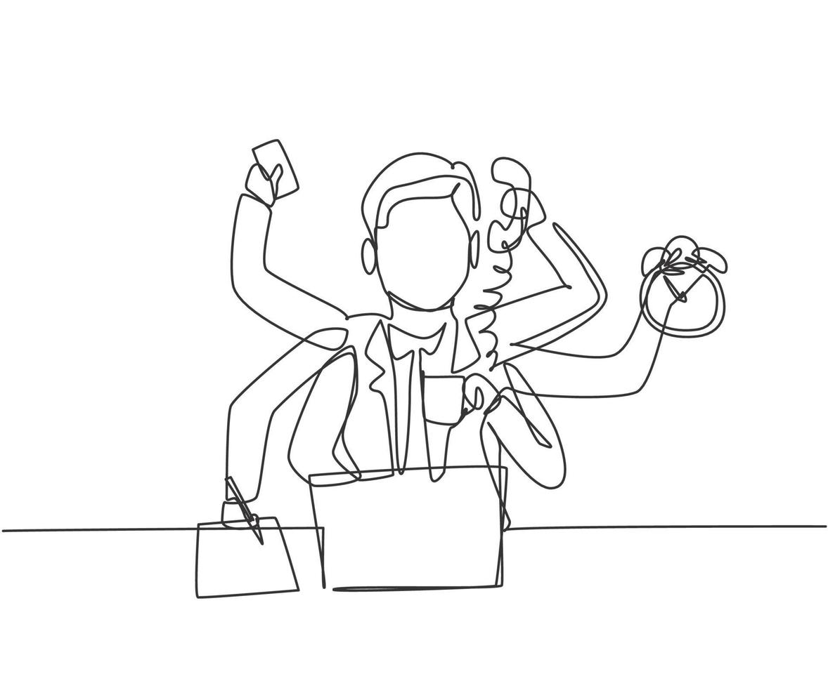 Single one line drawing of busy young business man with holding telephone, alarm clock, paper. Business time discipline metaphor concept. Modern continuous line draw design graphic vector illustration