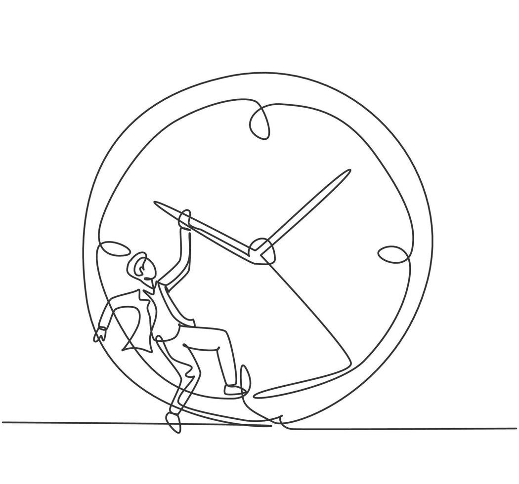 dibujo de una sola línea de un joven hombre de negocios colgado en el sentido de las agujas del reloj de un reloj analógico gigante. concepto de metáfora de disciplina de tiempo de negocios. Ilustración de vector gráfico de diseño de dibujo de línea continua moderna