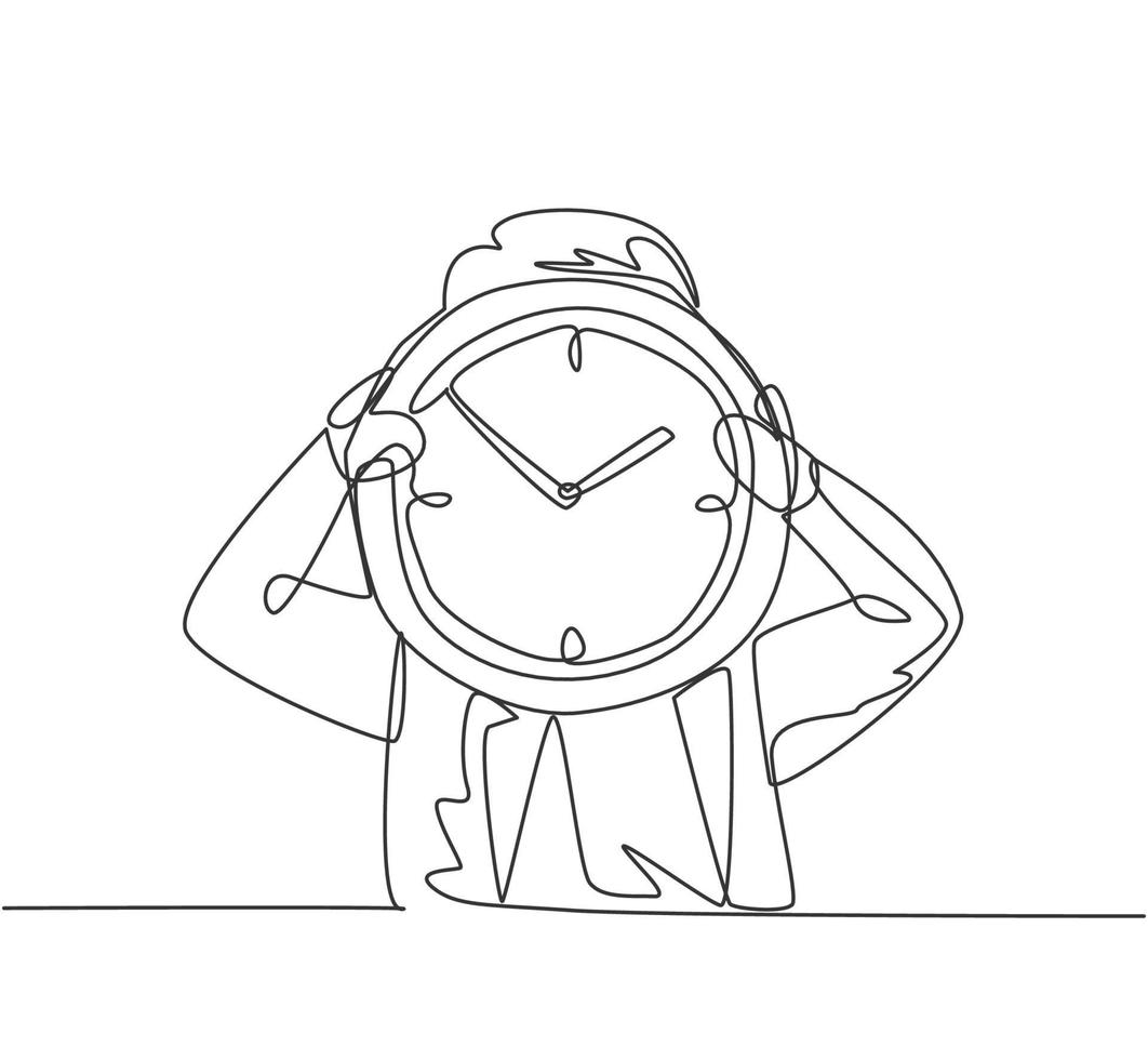 dibujo de línea continua única joven empresario sosteniendo un reloj analógico gigante frente a su cabeza. concepto de plazo de negocio de metáfora de minimalismo. Ilustración de vector de diseño gráfico de dibujo de una línea dinámica