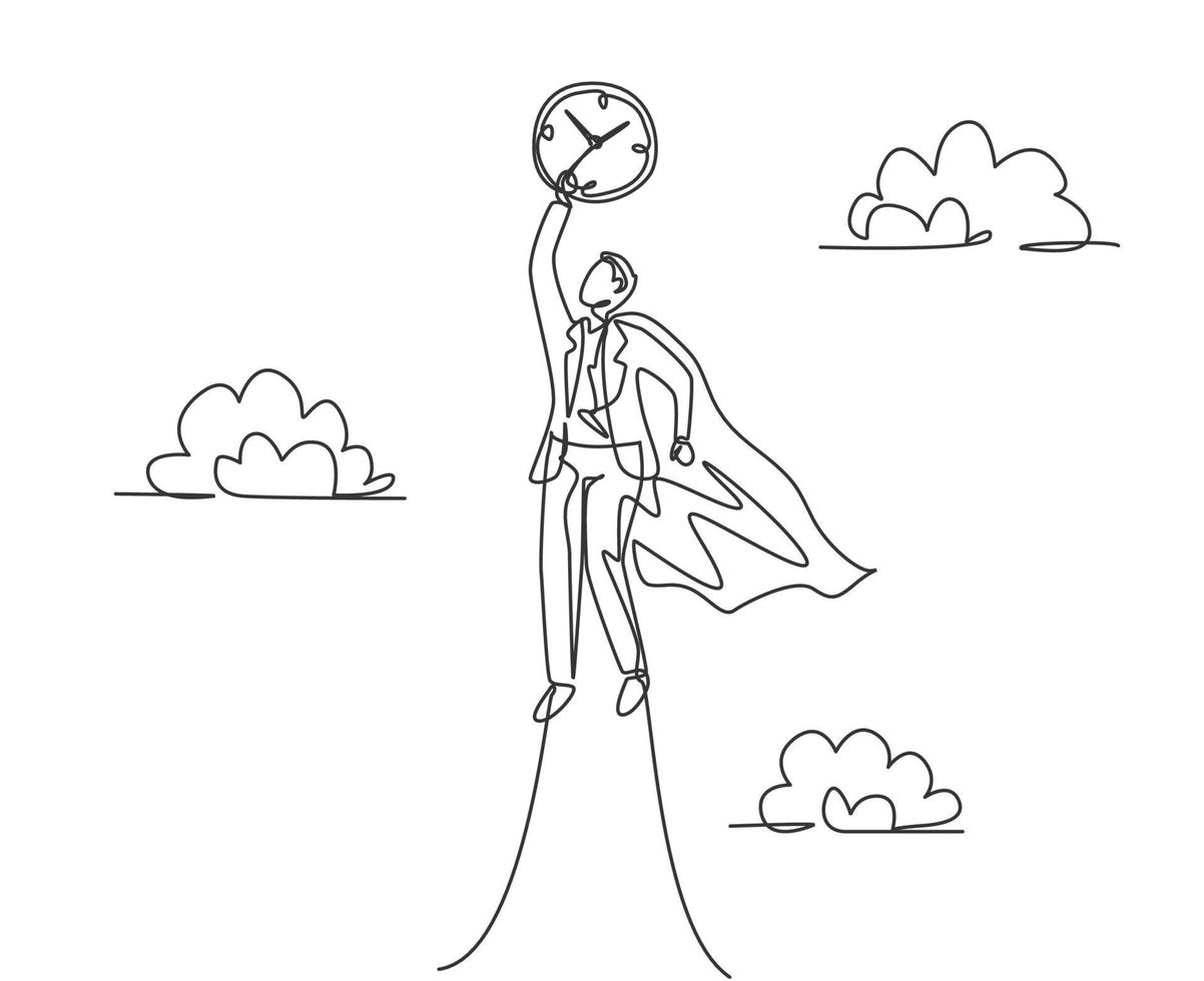 Single continuous line drawing young business man flying to the sky to reach analog clock. Minimalism metaphor business deadline concept. Dynamic one line draw graphic design vector illustration