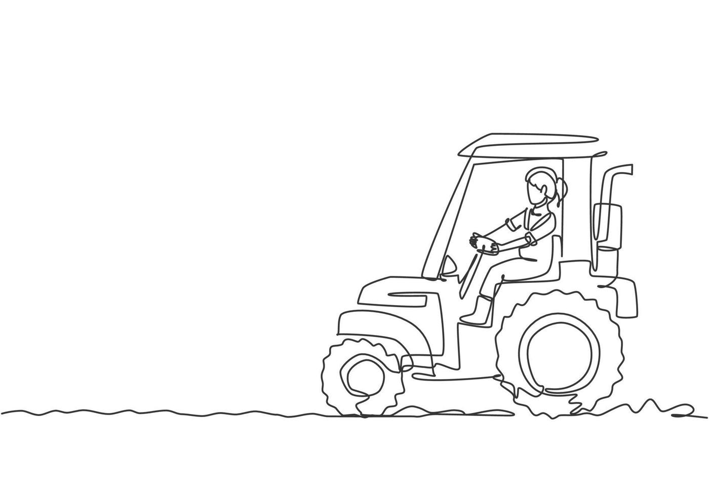 Single one line drawing of young female farmer drive a tractor to plow