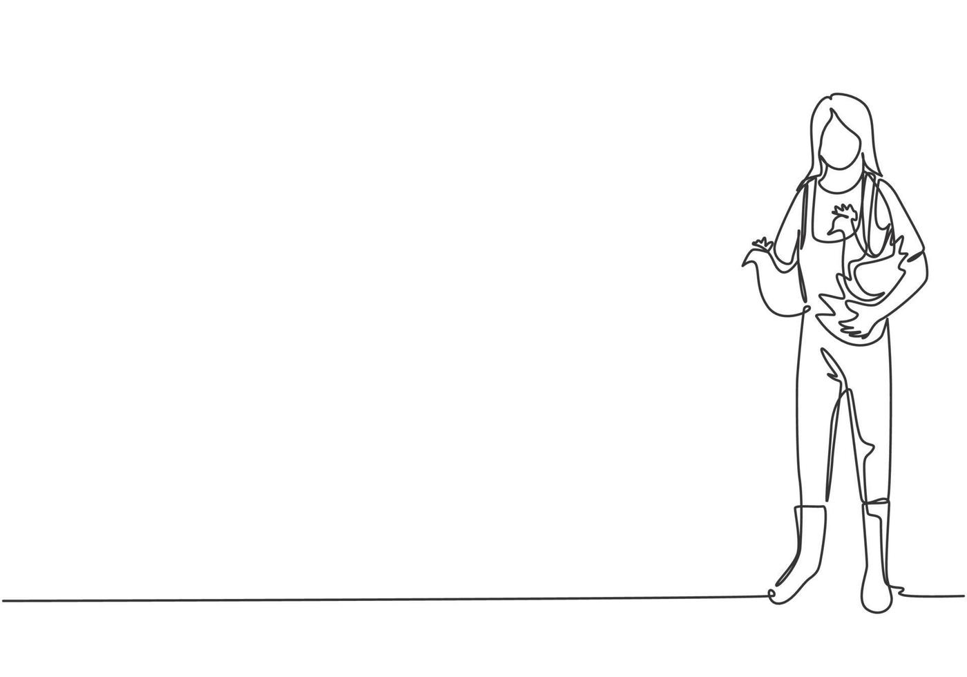 Single one line drawing of young female farmer carried the chicken with both hands to return to the coop. Farming challenge minimal concept. Continuous line draw design graphic vector illustration.