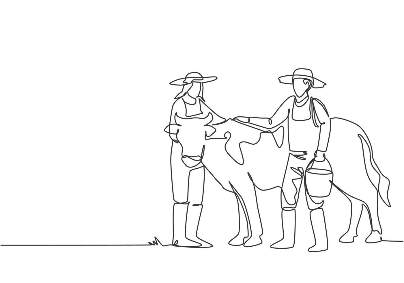 Continuous one line drawing male farmer rubbing the cow while carrying a bucket of water. Female farmers helped. Success farming minimalist concept. Single line draw design vector graphic illustration