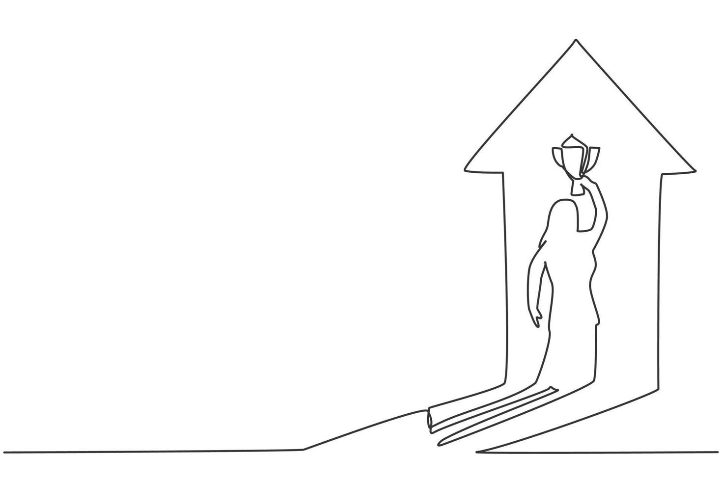 Continuous one line drawing shadow of young female entrepreneur lifting the trophy reflected on the wall. Success manager minimalist concept. Trendy single line draw design vector graphic illustration