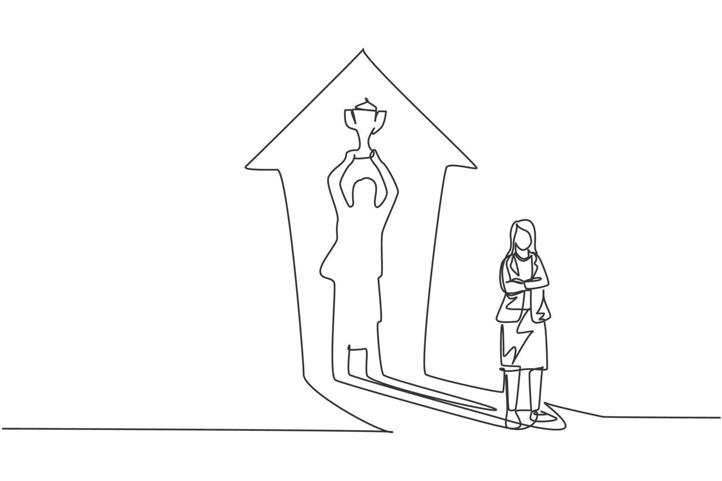 Continuous one line drawing young female entrepreneur with lifting trophy shadow reflected on the wall. Success business manager minimalist concept. Single line draw design vector graphic illustration