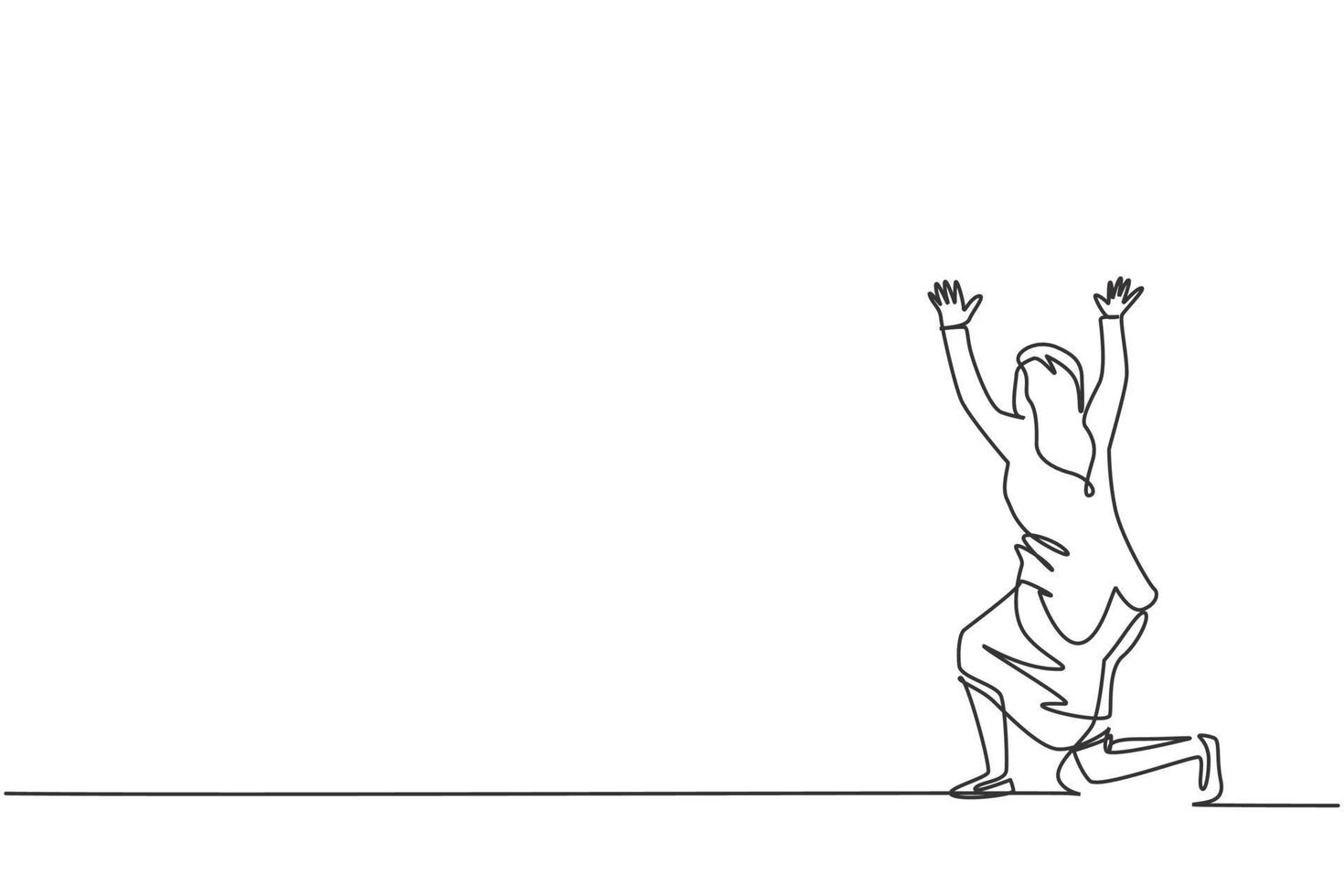 Single continuous line drawing of young beauty businesswoman kneel on the floor pose hold gesture. Prayer employee. Minimalism concept dynamic one line draw graphic design vector illustration