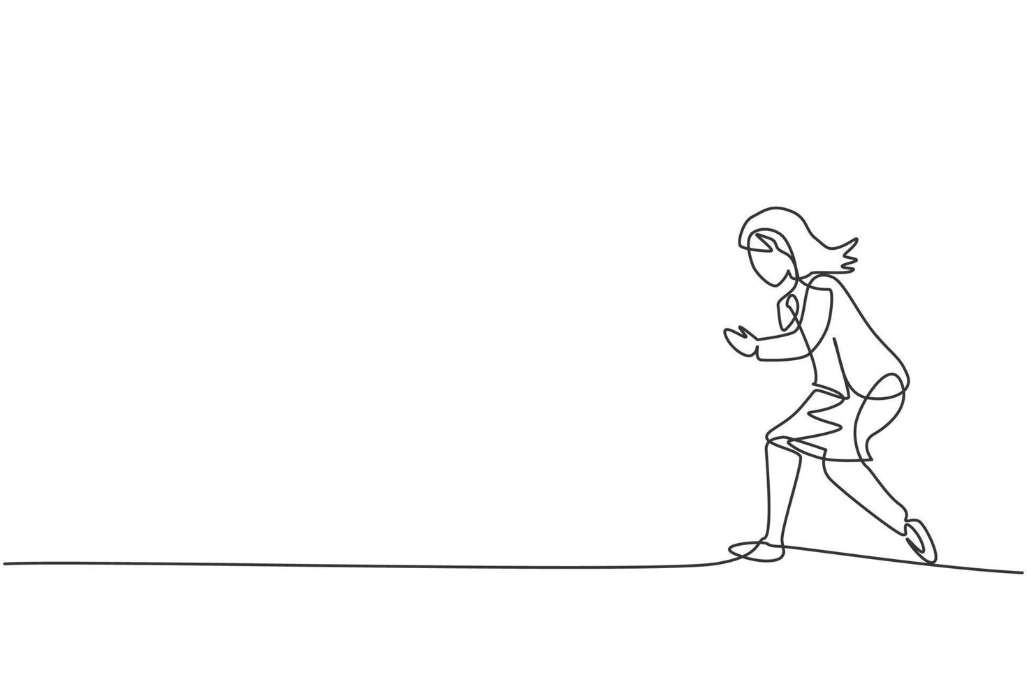 Single continuous line drawing of young beauty businesswoman running fast to reach the finish line. Professional worker. Minimalism concept dynamic one line draw graphic design vector illustration