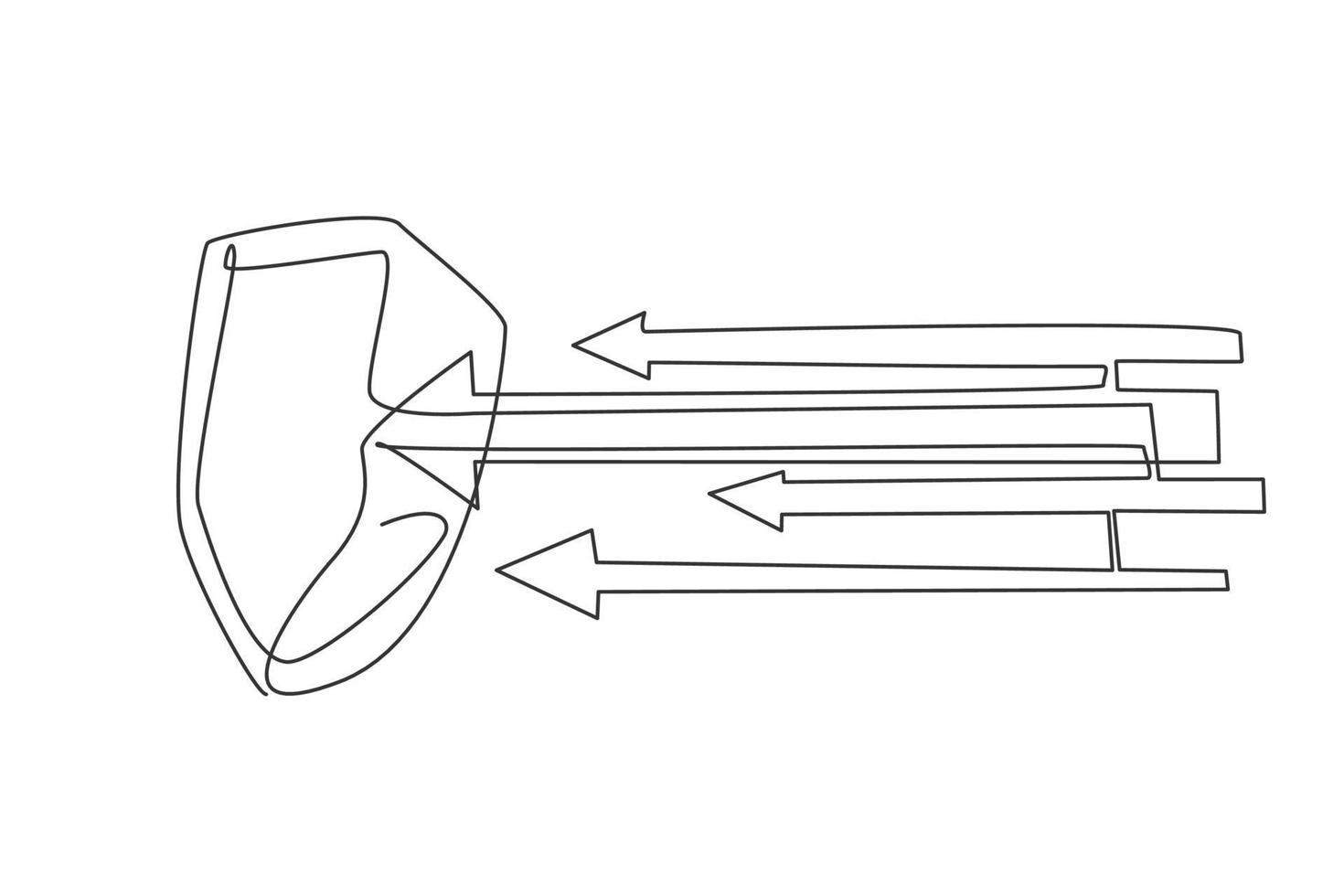 Continuous one line drawing of metal shield attacked by arrows. Strong defense protection minimalist concept. Trendy single line draw design vector graphic illustration