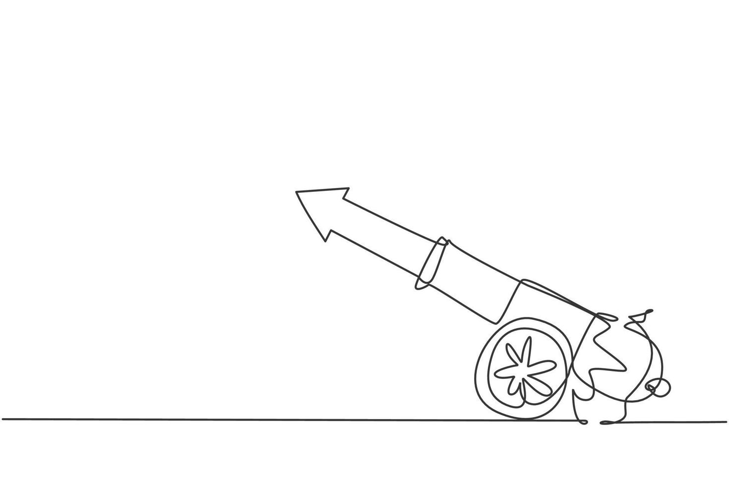 Single one line drawing of cannon ball weapon with arrow symbol bullet missile. Business finance growth minimal concept. Modern continuous line draw design graphic vector illustration