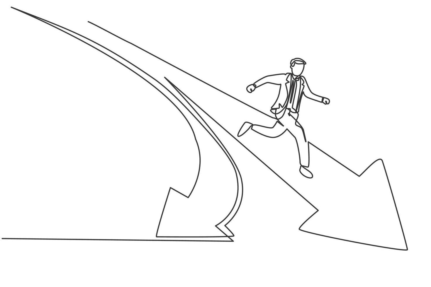 Single continuous line drawing of young business man running into branch path forward arrow . Professional businessman. Minimalism concept dynamic one line draw graphic design vector illustration