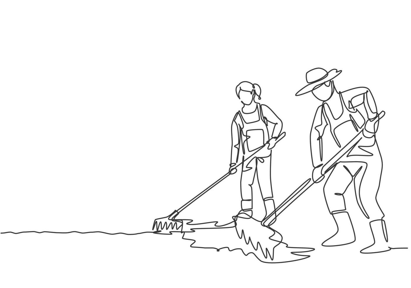 Single one line drawing of couple farmer leveling the ground using a rake. Start a new planting season. Farming challenge minimal concept. Continuous line draw design graphic vector illustration.