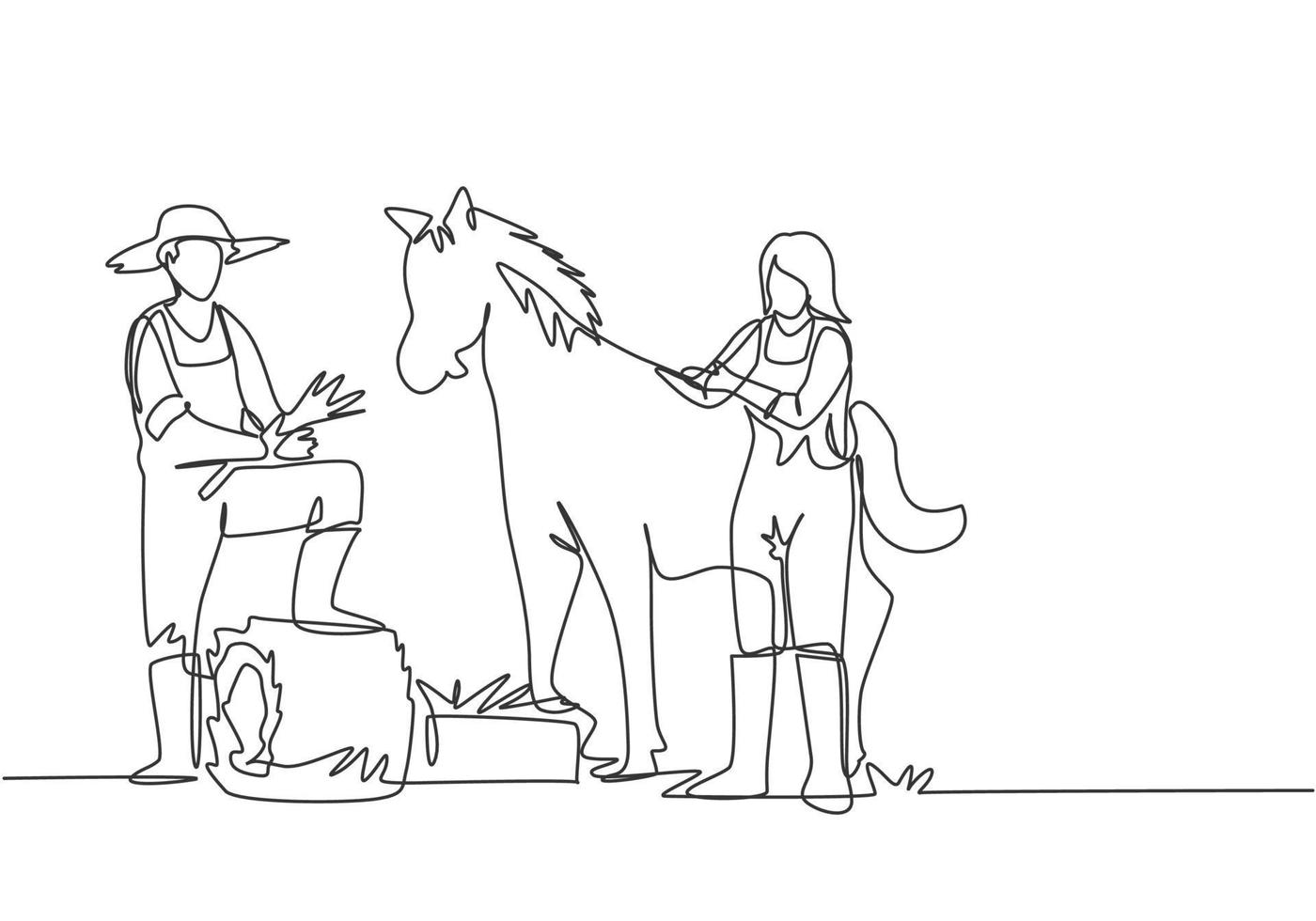 Single one line drawing of male farmer stomped one of its feet into the curled hay as it was about to feed the horse. A female helps to pet the horse. One line draw design graphic vector illustration.