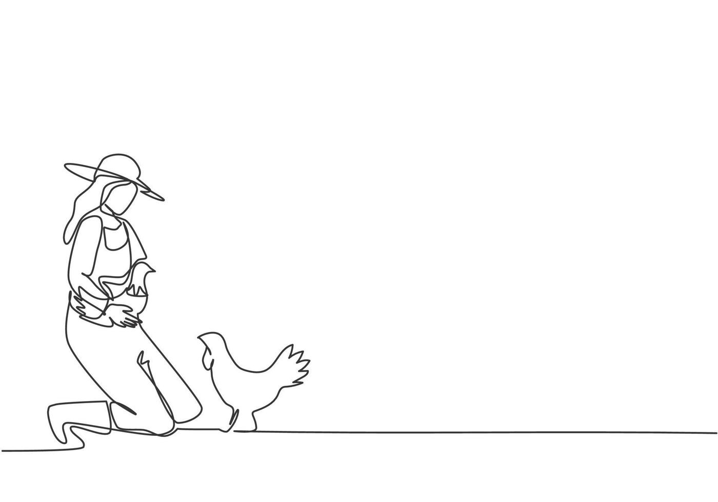 Continuous one line drawing young female farmer knelt down to pick up the chicken. To return to the coop. Successful farming minimalist concept. Single line draw design vector graphic illustration.